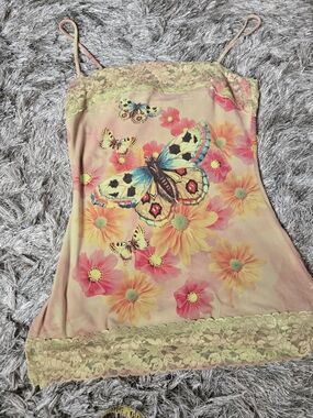 Y2K Gadzooks Butterfly & Floral Lace Trim Cami
